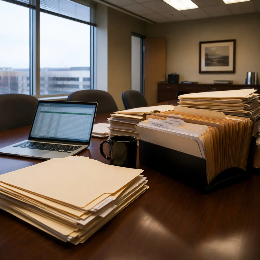 Accounting office conference table with stacked paper files and a laptop open to a spreadsheet in morning light
