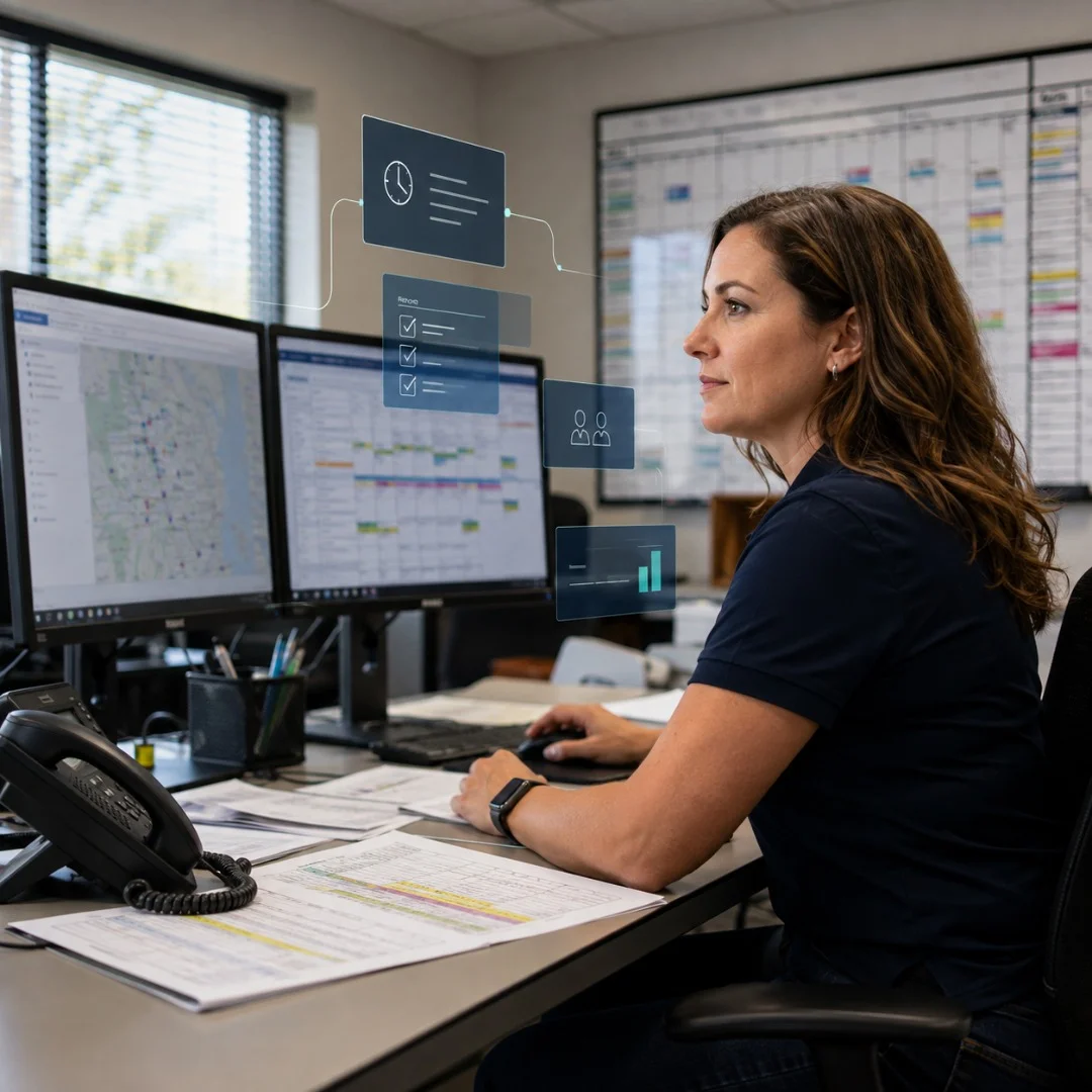 Service dispatcher at a two-screen desk in an HVAC office mid-morning with the day's schedule board visible behind