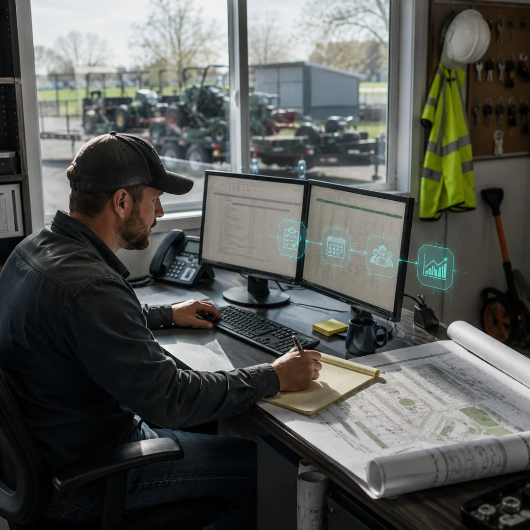 Landscape estimator at a two-screen desk building a property proposal from handwritten walk notes