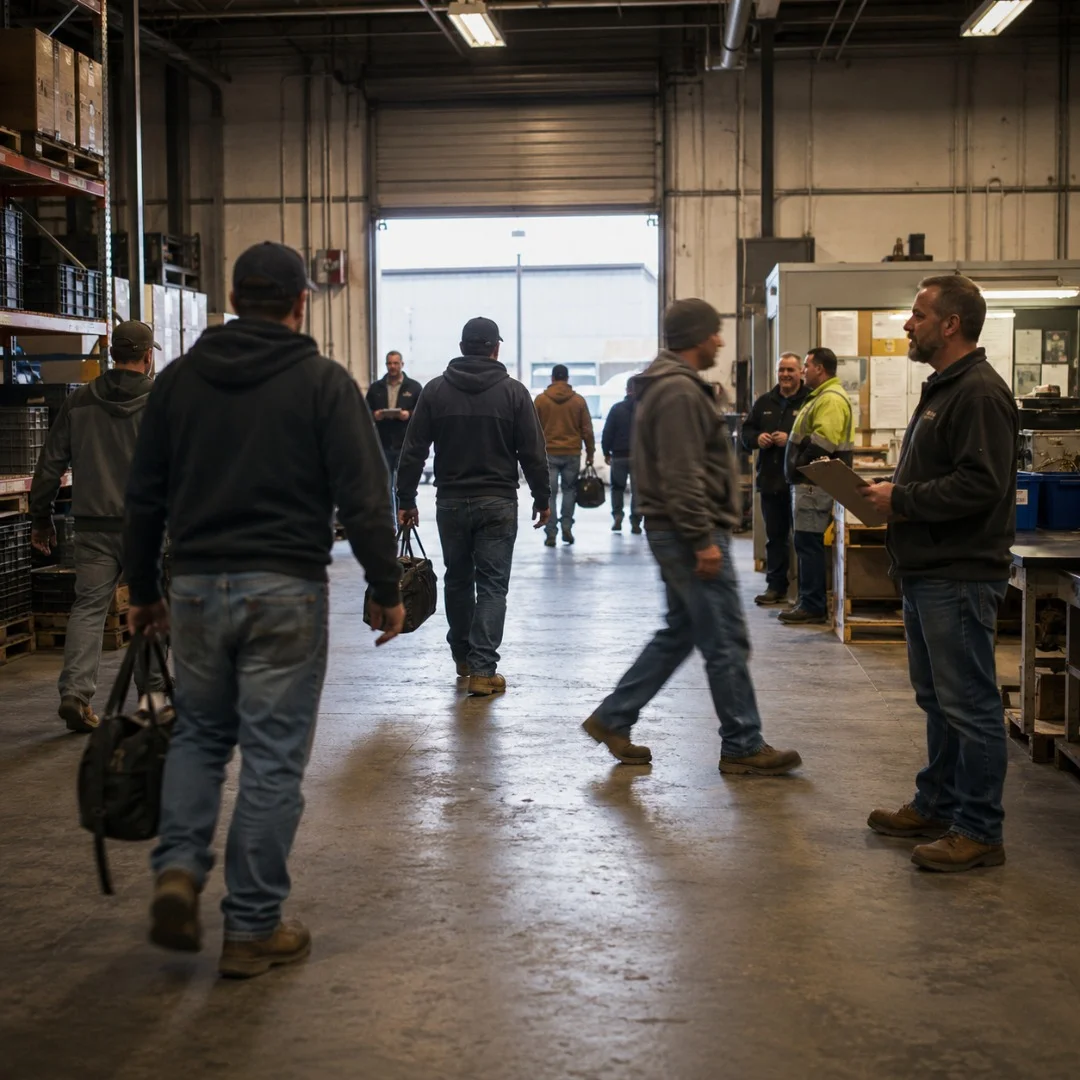 Warehouse floor at shift change in early morning light, workers arriving and a supervisor with a clipboard