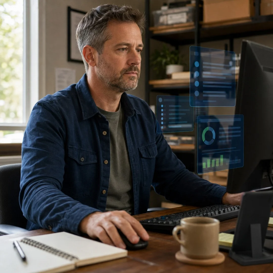 Small business owner in a back office reviewing a customer list on a desktop computer during a morning planning session