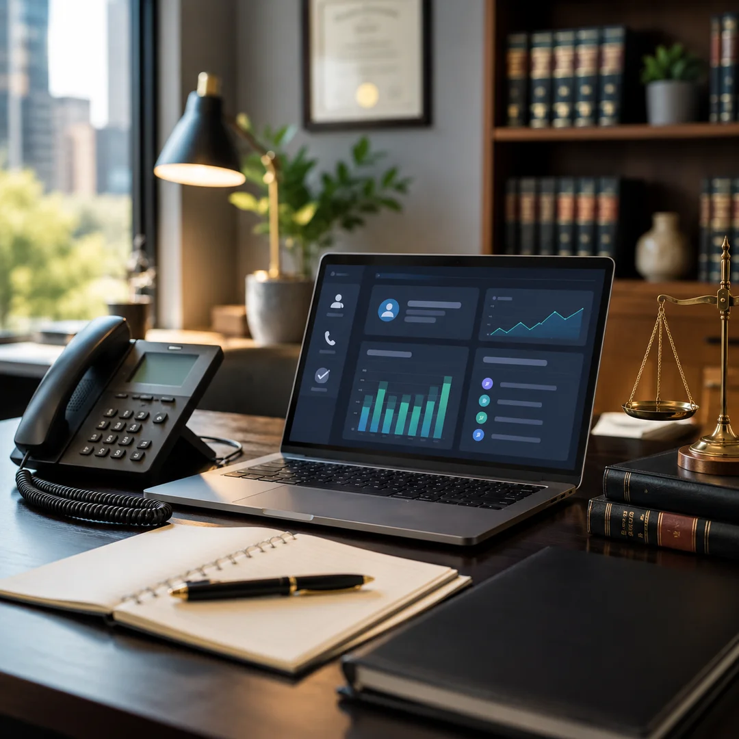 Modern law office desk with digital system managing client intake and phone calls