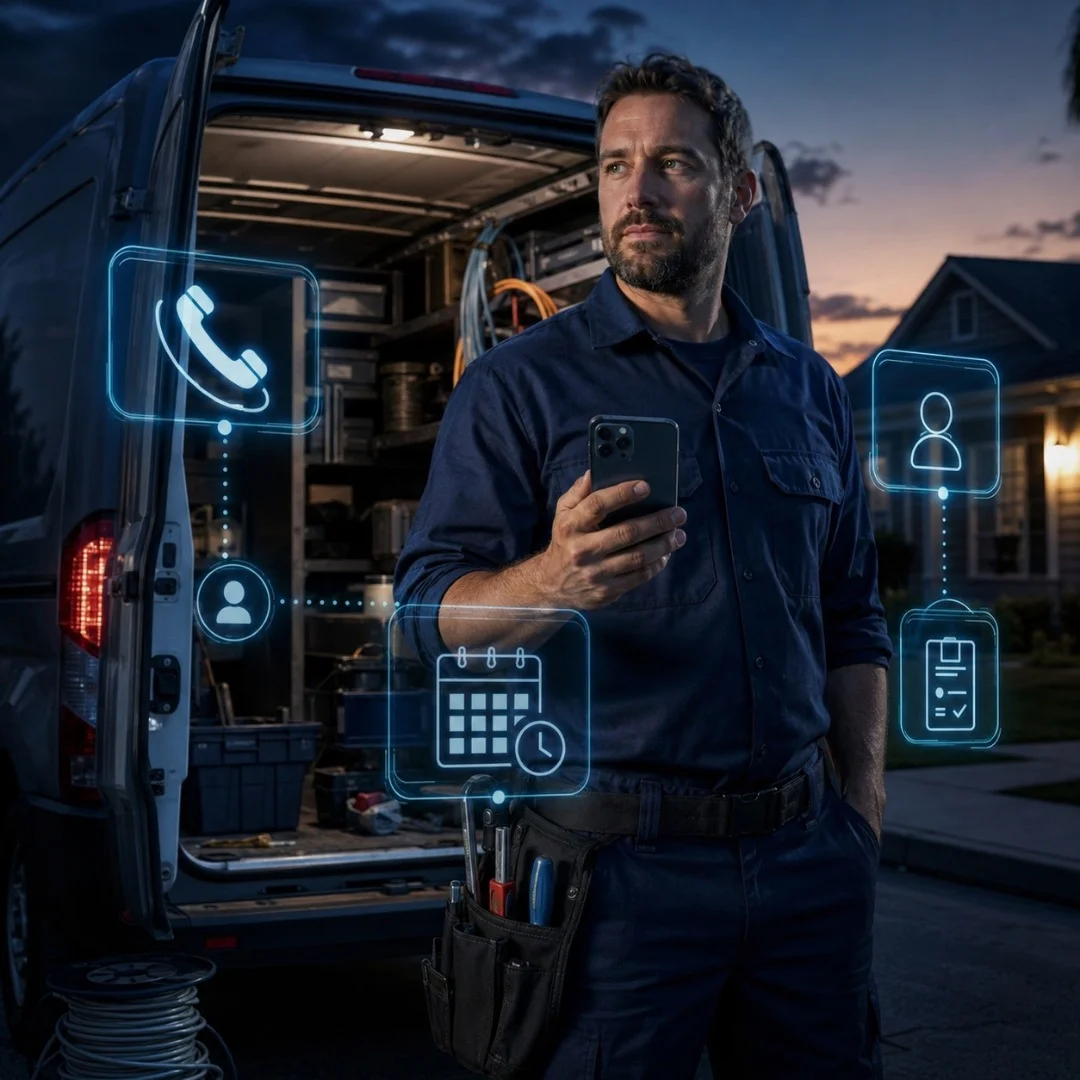Electrician beside service van at dusk holding a phone with AI scheduling overlays nearby