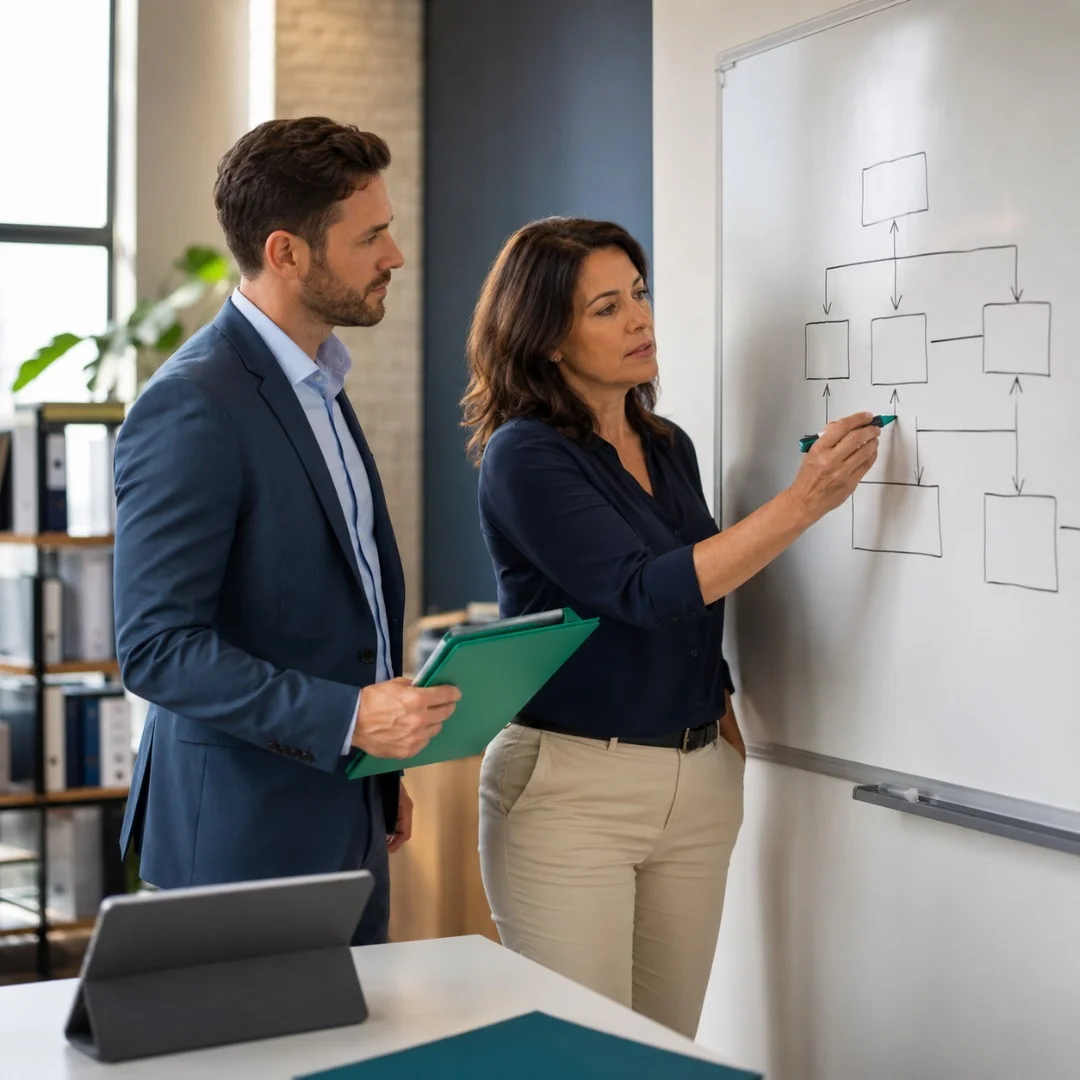 A small-business owner and an advisor reviewing a workflow diagram together at a whiteboard in a bright office