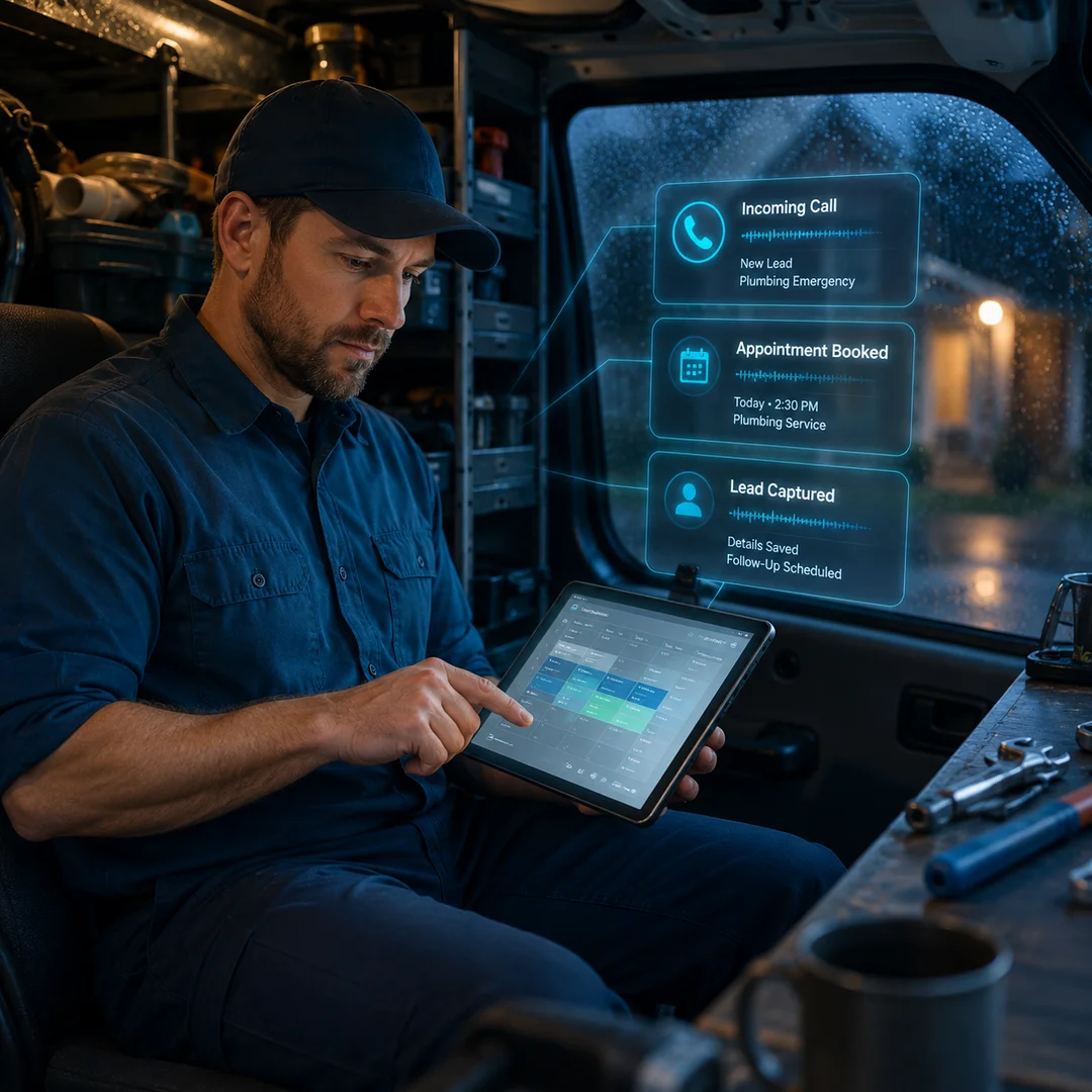Plumbing contractor reviewing appointment scheduling dashboard on tablet, representing AI voice agent for service contractor 