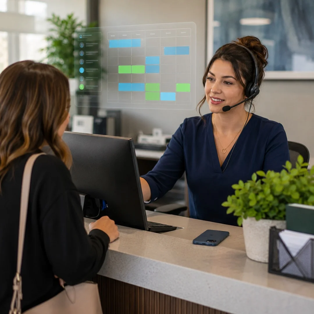 Front-desk coordinator managing check-in and a phone call while scheduling appointments in a busy, organized office