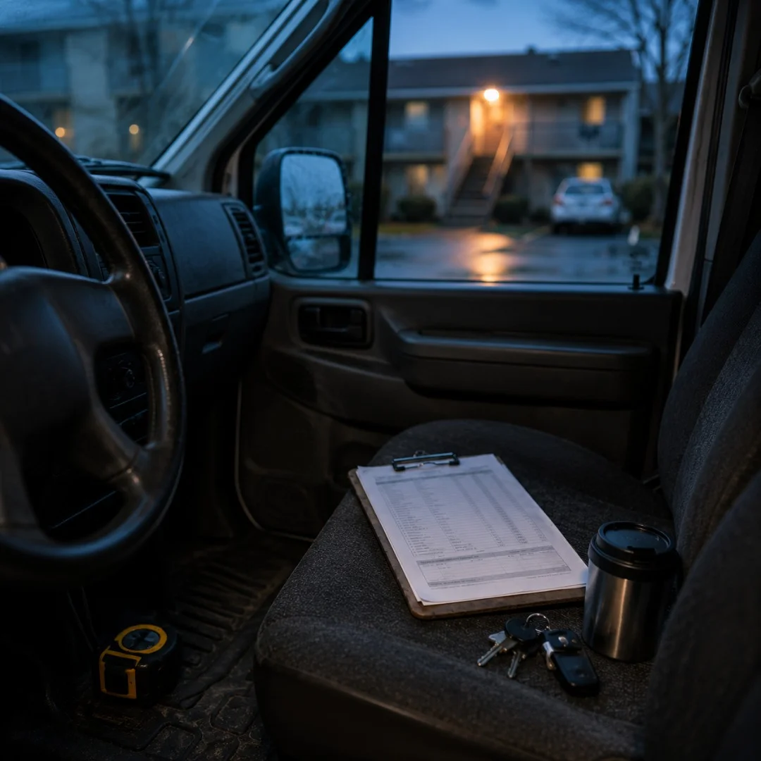 Printed quote on a clipboard left on the seat of a work van in a parking lot at dawn