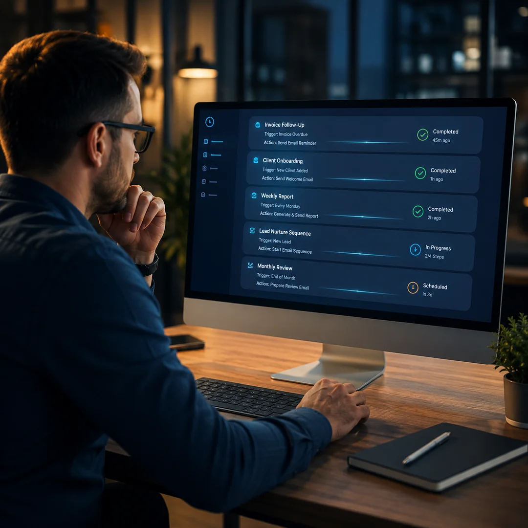 Business owner reviewing an automated workflow dashboard on a desktop monitor in a modern office