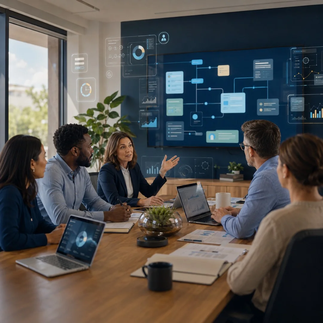 Small business owner reviewing automated workflows and AI-powered business processes in a modern office