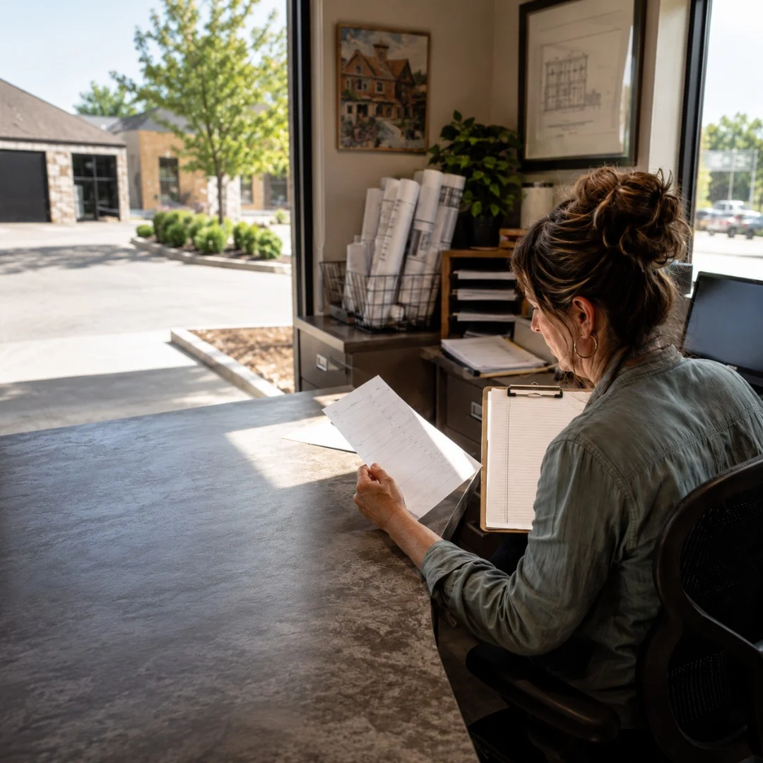 Small business owner comparing a printed invoice with a handwritten customer list at a front counter