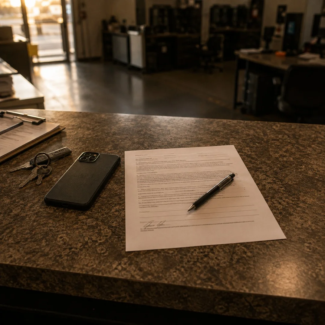 Signed paperwork and a phone face down on a counter at the end of the day, office empty behind it