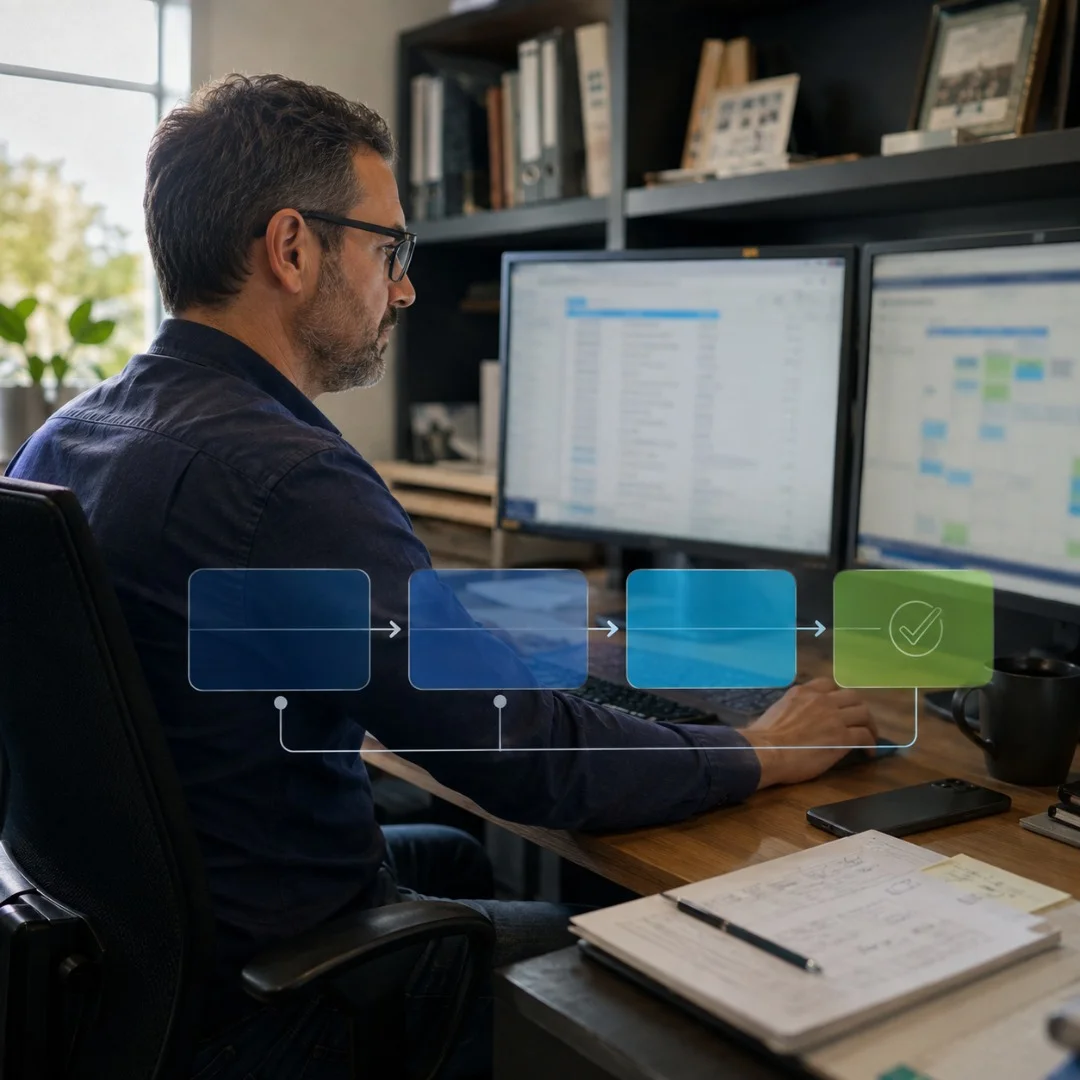 Business owner at a two-screen desk in a small office reviewing a customer contact list and pipeline mid-morning