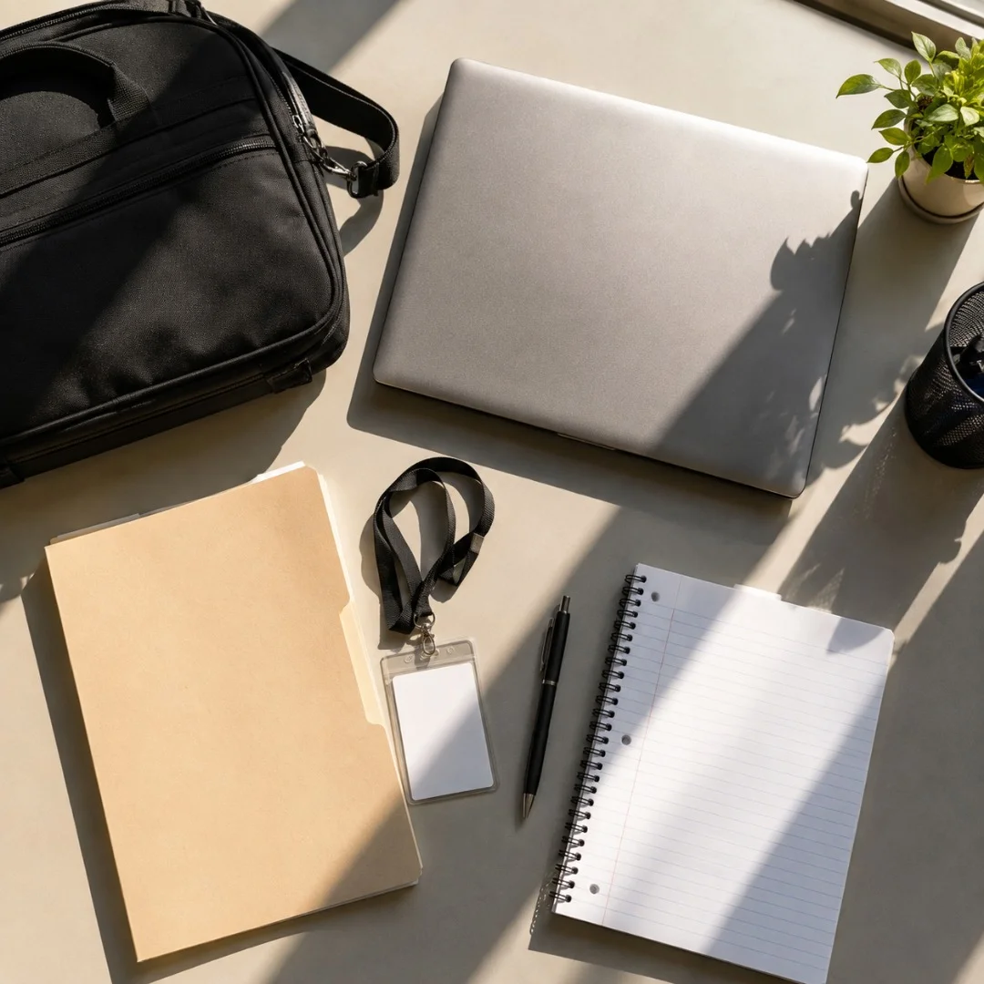 New hire workstation set up before a first day with a laptop bag, badge, and welcome folder under bright morning light