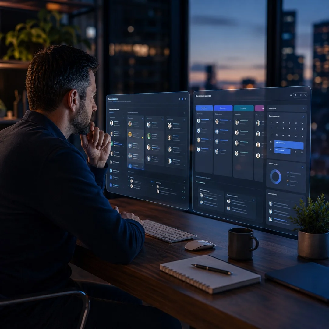 Agency owner comparing two CRM dashboards on floating screens at dusk with cyan lead and pipeline workflow overlays.