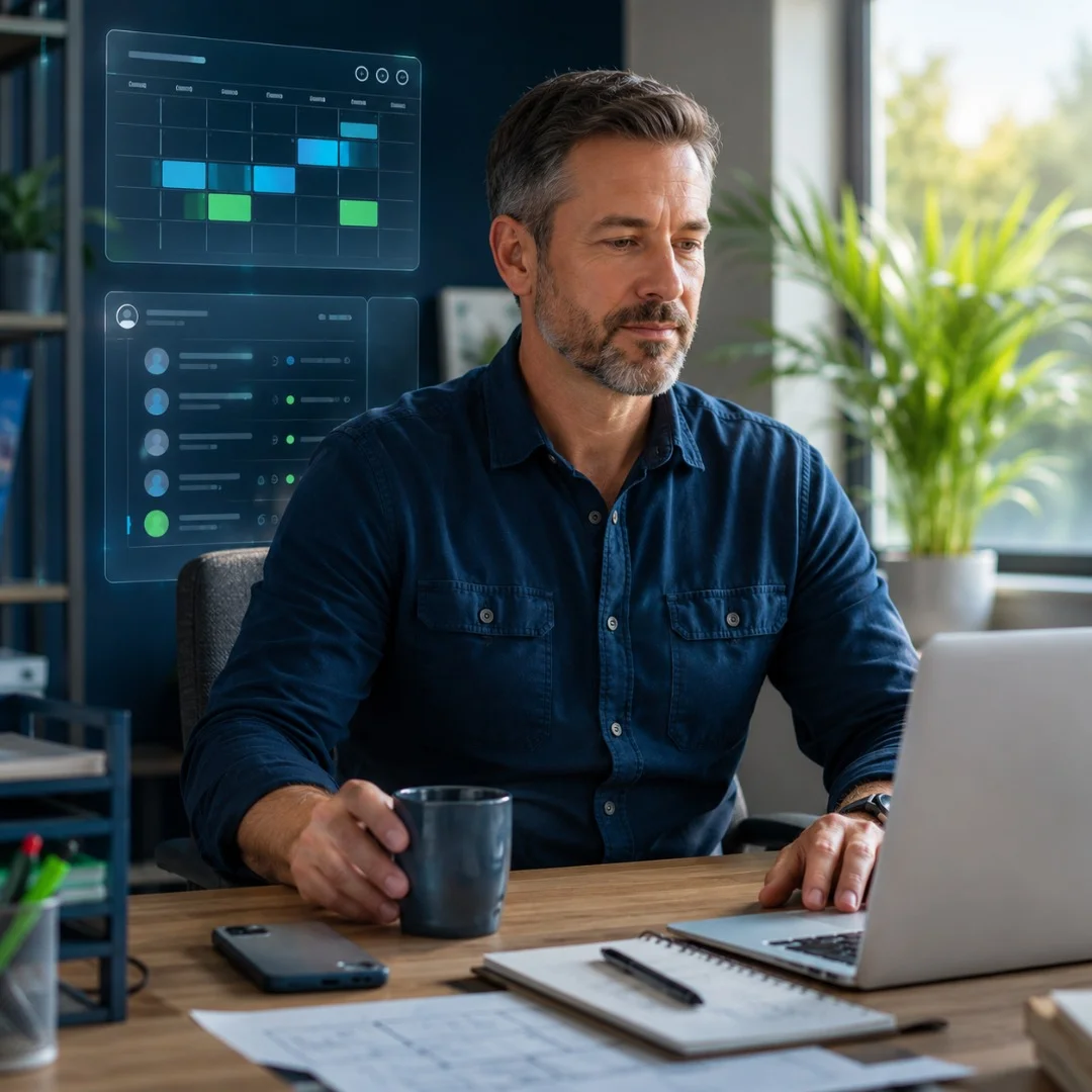 Small business owner reviewing a booking calendar and customer inquiries at a desk in a calm, organized office