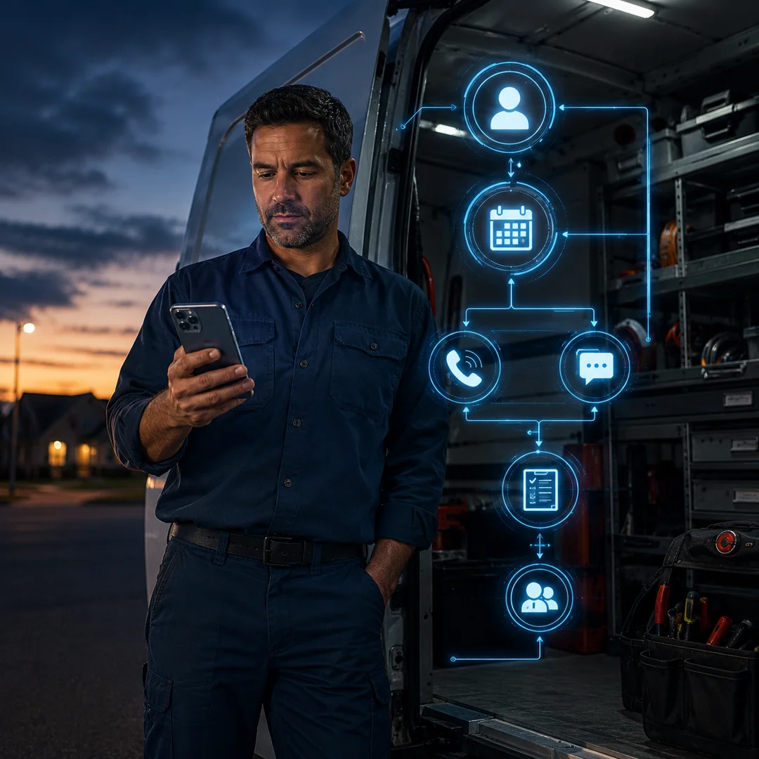 HVAC technician standing beside a service van using AI voice automation technology to manage inbound customer service calls