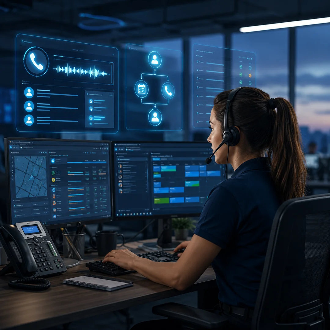 Modern HVAC dispatch office using AI voice technology to improve customer response times and appointment scheduling