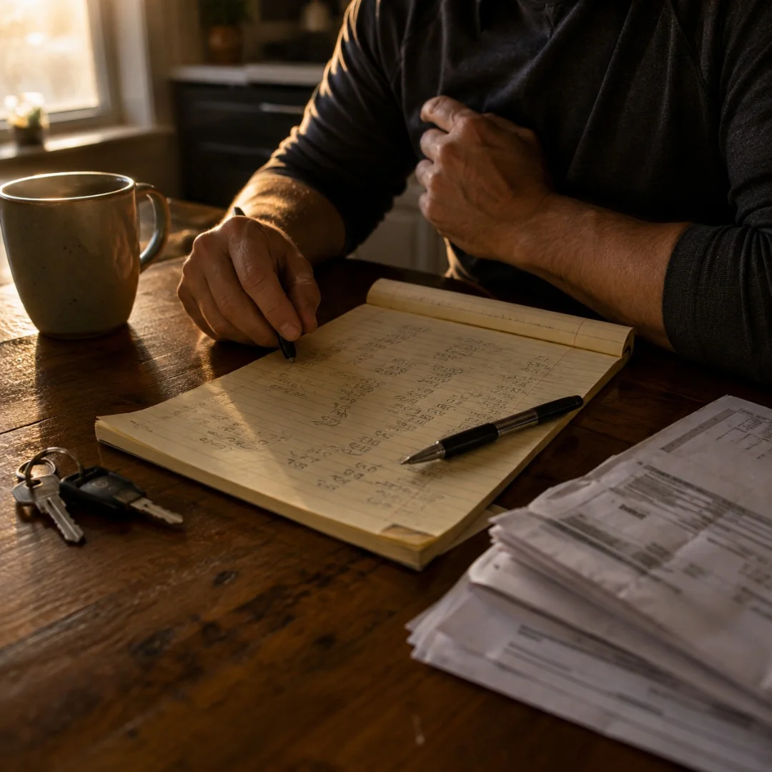 Owner at a kitchen table early in the morning working through a handwritten cost estimate on a legal pad