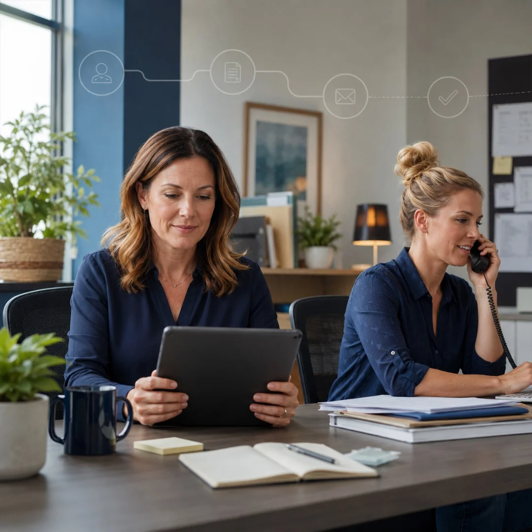 Small-business office manager reviewing new leads on a tablet while a colleague takes a call in a calm, organized workspace