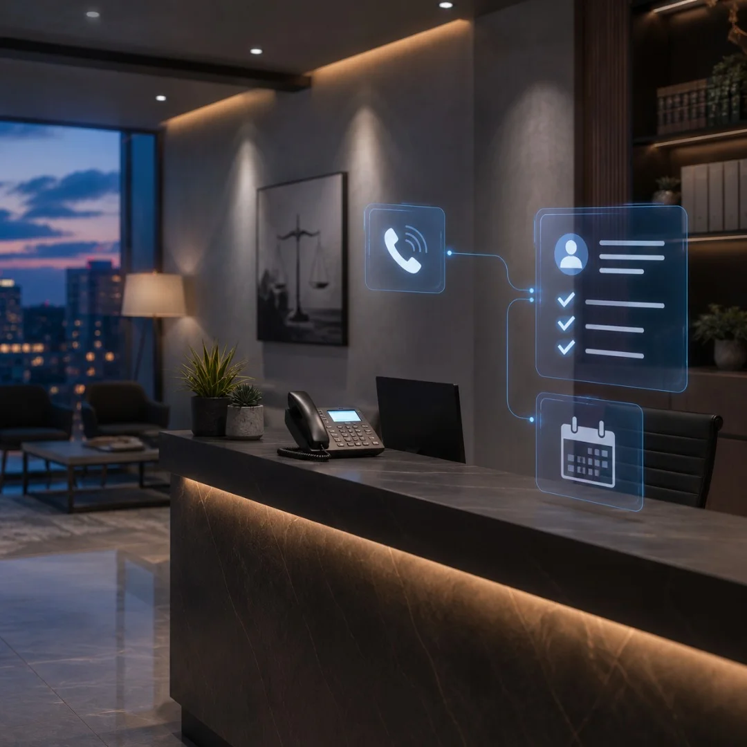Law firm front desk at dusk with AI intake and scheduling workflow overlays in cyan and navy tones
