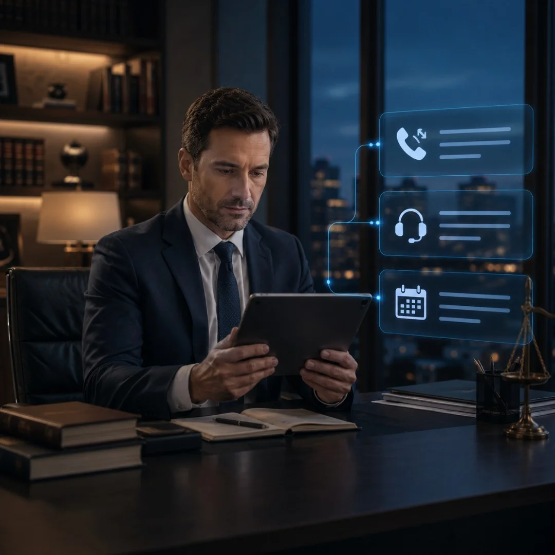 Attorney reviewing intake dashboard at dusk with cyan AI call recovery and scheduling overlays in navy office