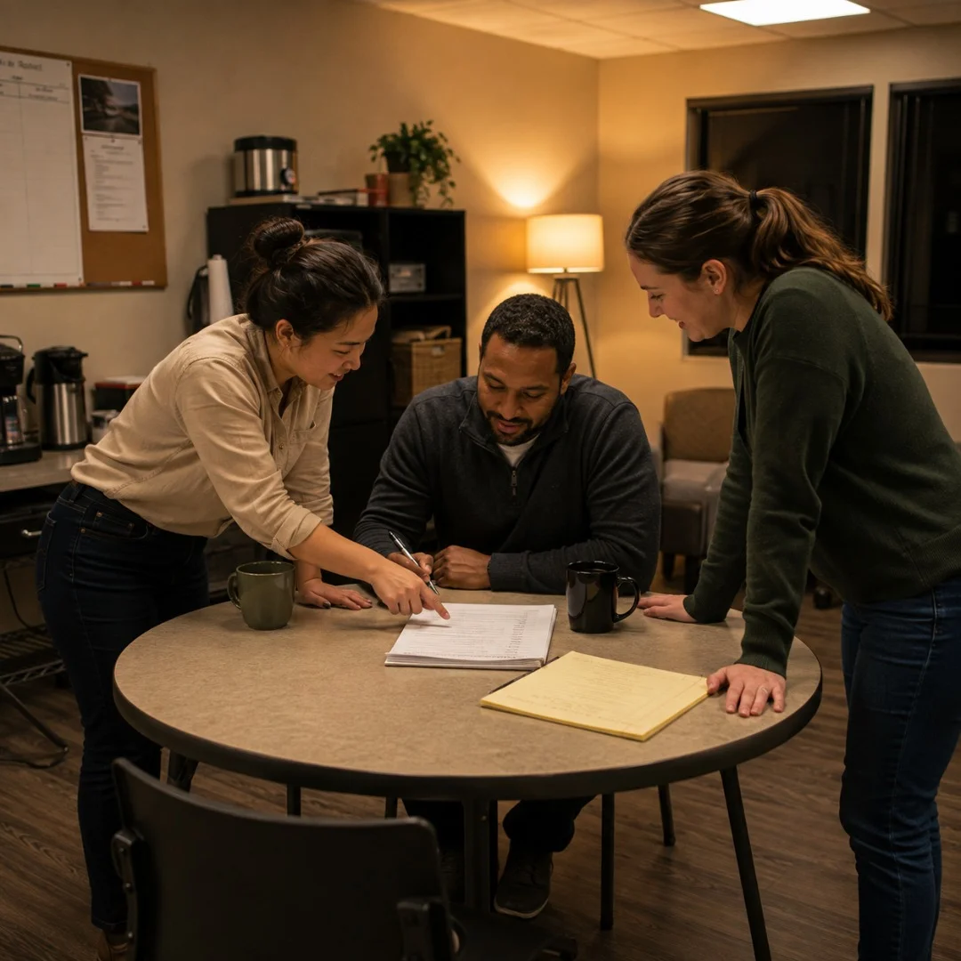 Three coworkers reviewing a printed process checklist at a break room table under warm evening lamplight