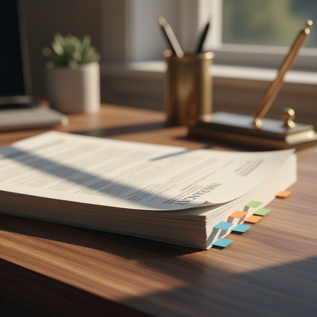 Printed insurance policy renewal packet with sticky tabs on an agency desk in morning light