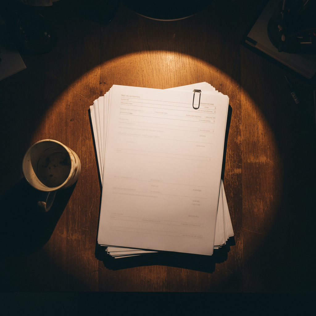 Overhead view of a stack of printed invoices under a warm desk lamp beside a mug in the evening