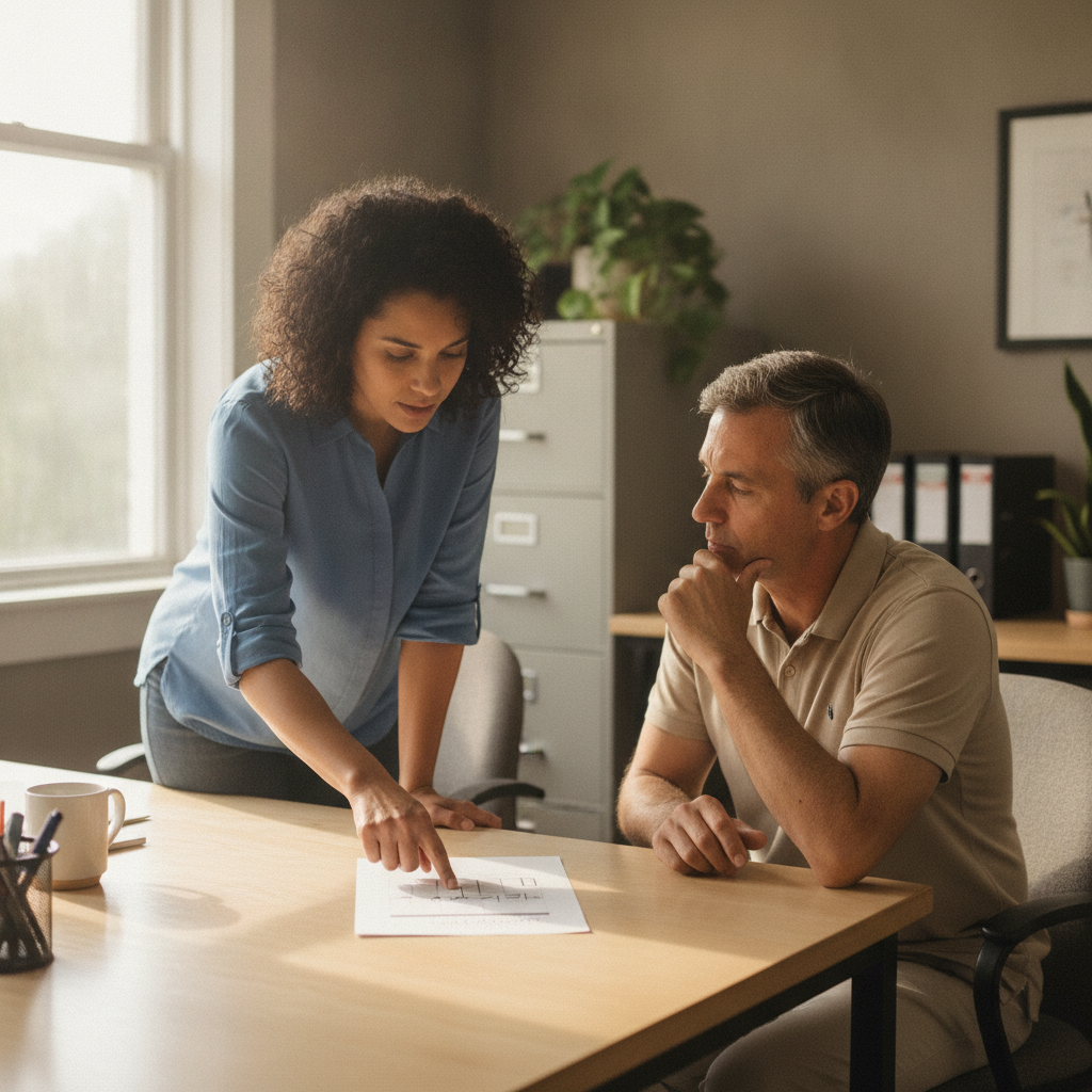 Two people at a small office table reviewing a single printed page during a consulting discovery meeting