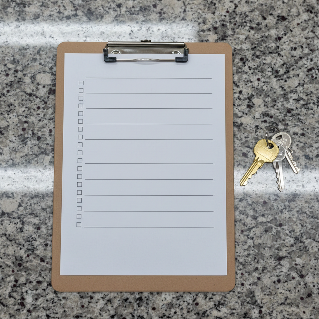 Printed inspection checklist on a lobby counter beside a set of keys under fluorescent light