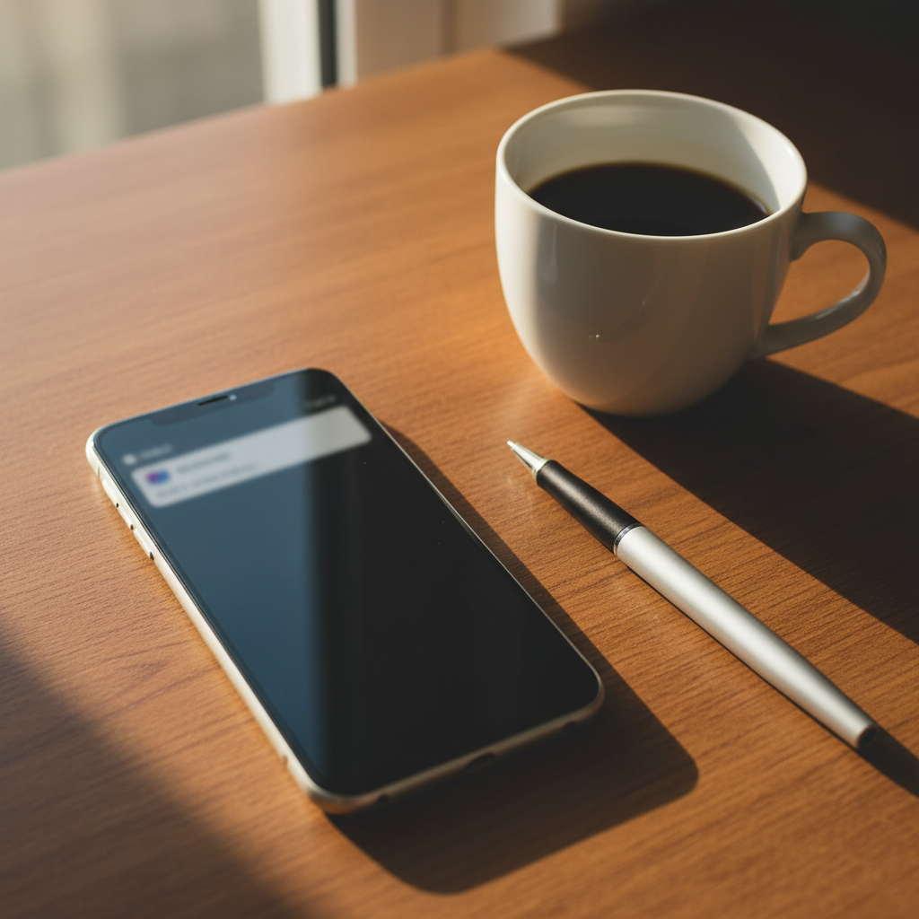 Phone screen showing a notification on a desk beside a coffee cup and pen in afternoon light