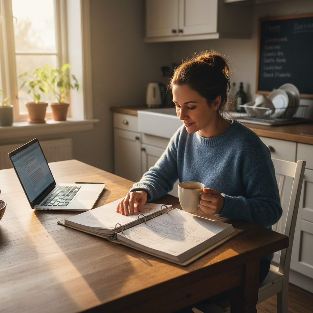 Business owner at a kitchen table with a three-ring binder open beside a laptop in warm light