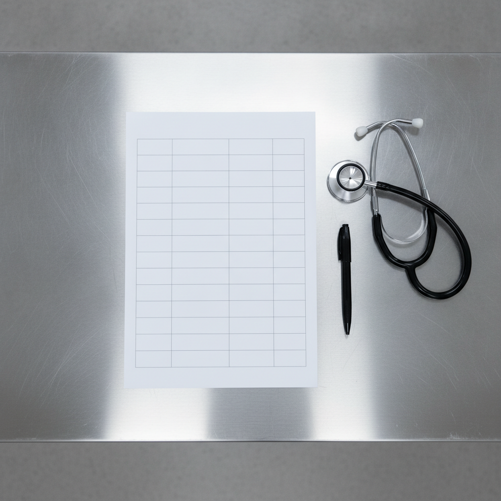 Printed SOAP form and stethoscope on a stainless steel veterinary exam table under fluorescent light