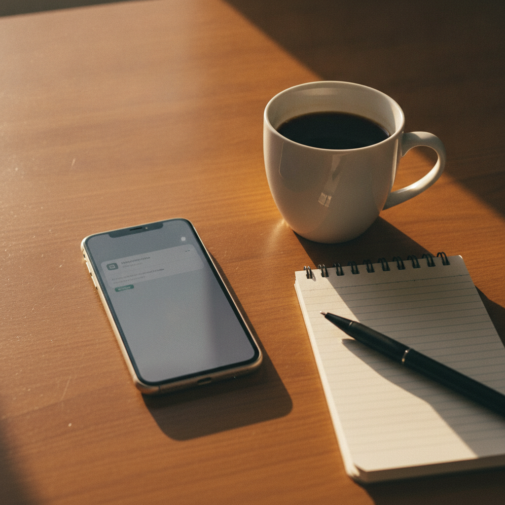 Phone showing a new inquiry notification on a desk beside a coffee cup and notepad in afternoon light