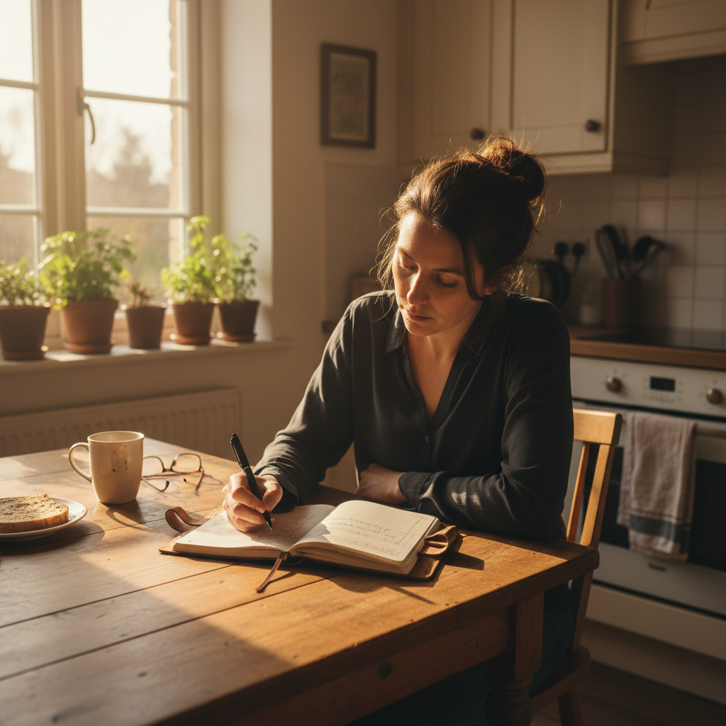 Business owner at a kitchen table with an open notebook and pen tallying repeated tasks in warm morning light