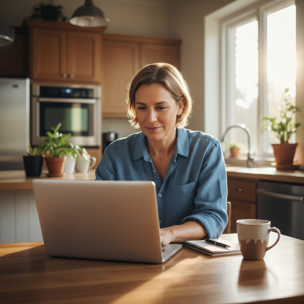 Business owner at a kitchen table with a laptop reviewing workflow notes