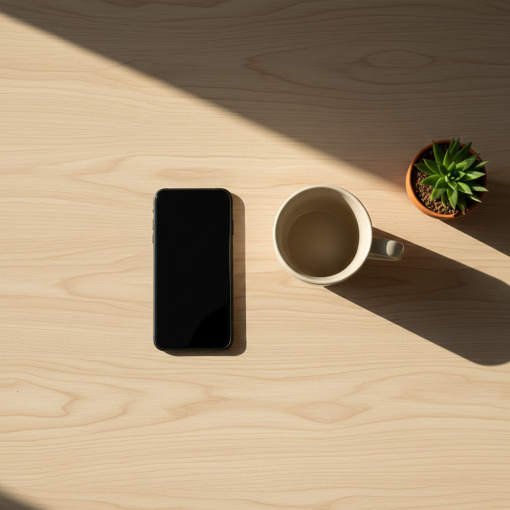 Phone showing a text notification beside a desk calendar on a clean workspace