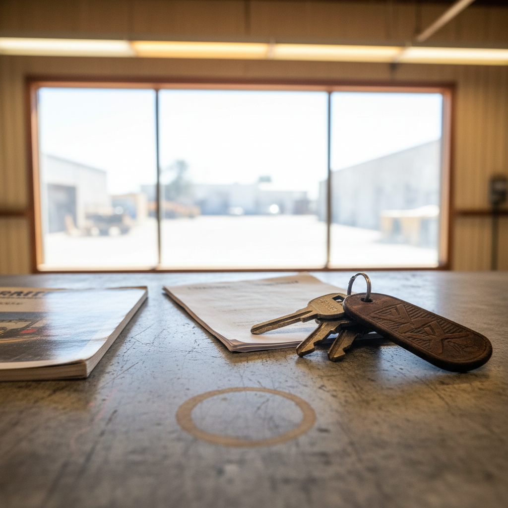 Printed rental agreement on a counter beside a set of equipment keys at a rental yard