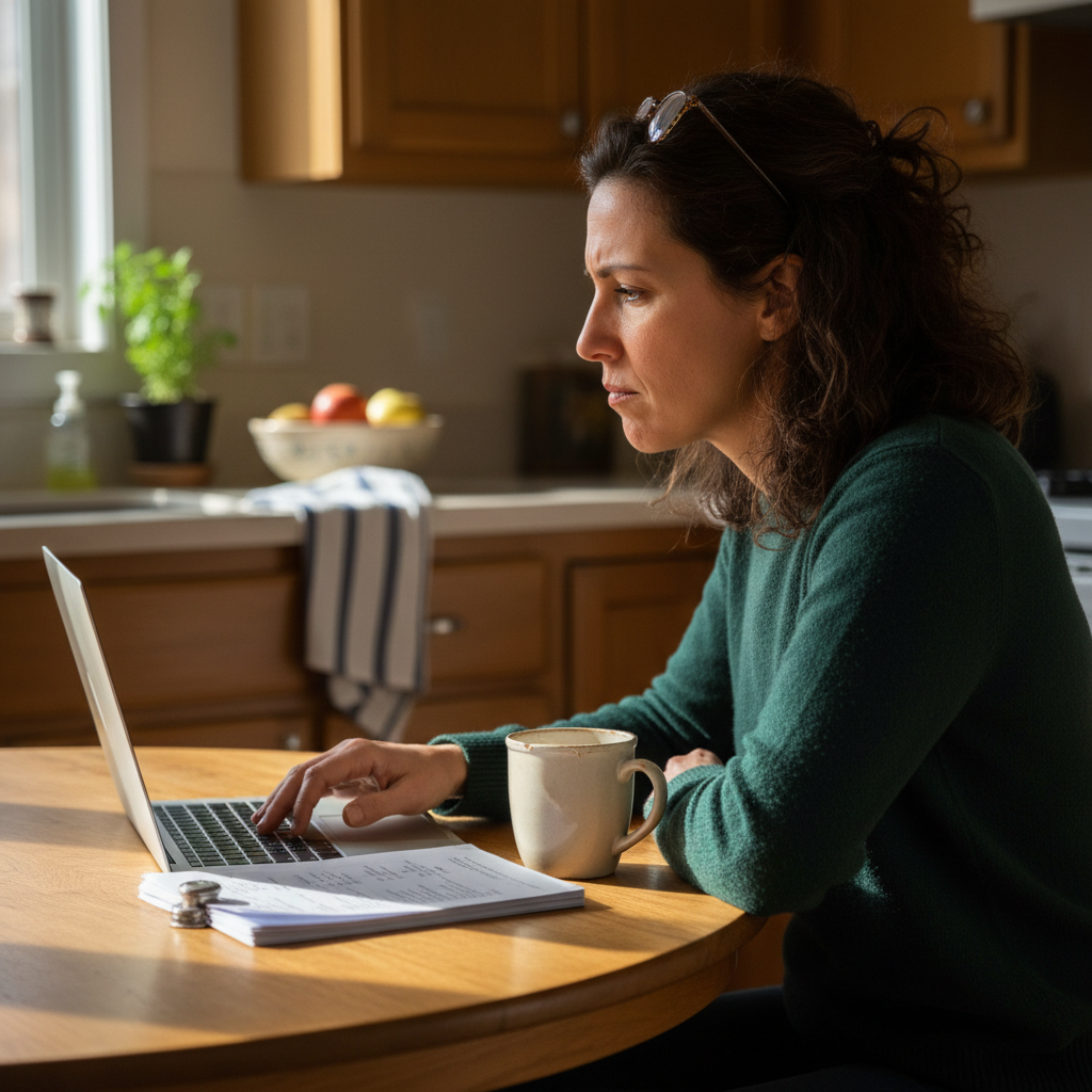 Business owner reviewing a printed performance report at a kitchen table with a laptop open
