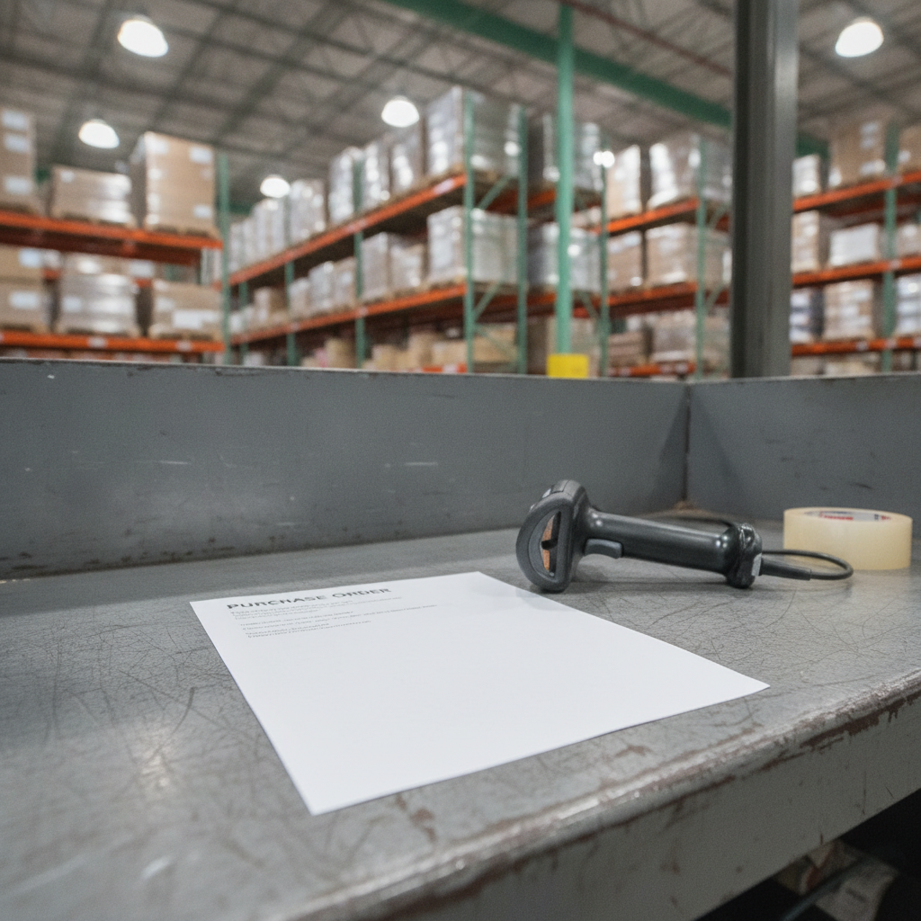 Printed purchase order and pick ticket on a warehouse receiving desk beside a handheld barcode scanner
