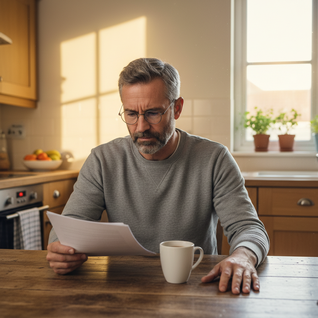Business owner reviewing a process workflow diagram at a kitchen table with notes and a laptop