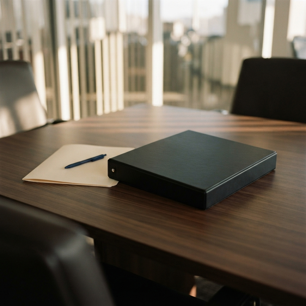 Closed black binder, a folder and a pen on a conference table in warm afternoon light