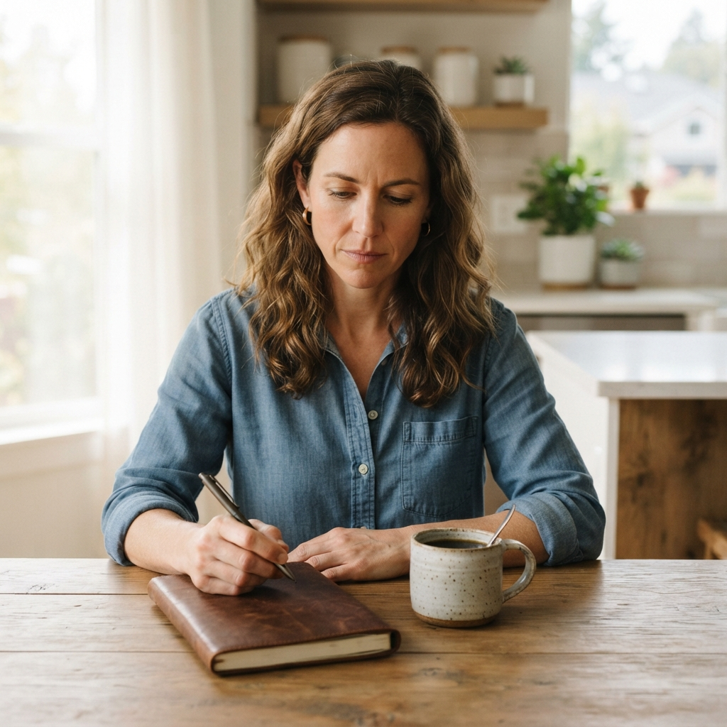 Business owner at a kitchen table with a notebook and pen in soft morning light