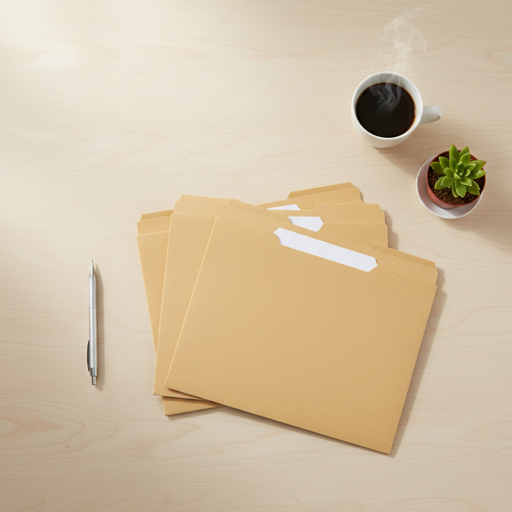 Overhead view of closed manila folders, a pencil, a succulent and a coffee mug on a light wood desk