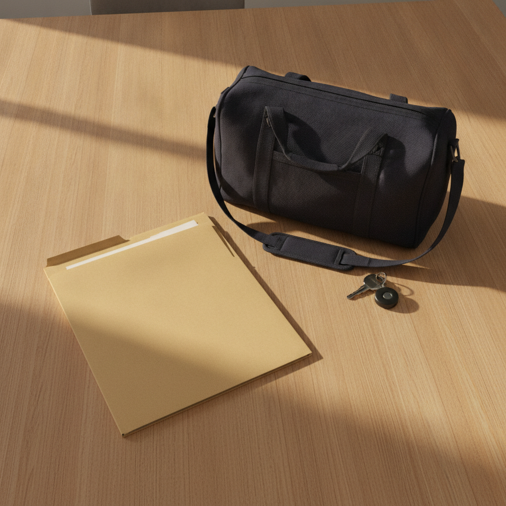 Closed manila folder, canvas travel bag and keys on a kitchen table in warm morning light