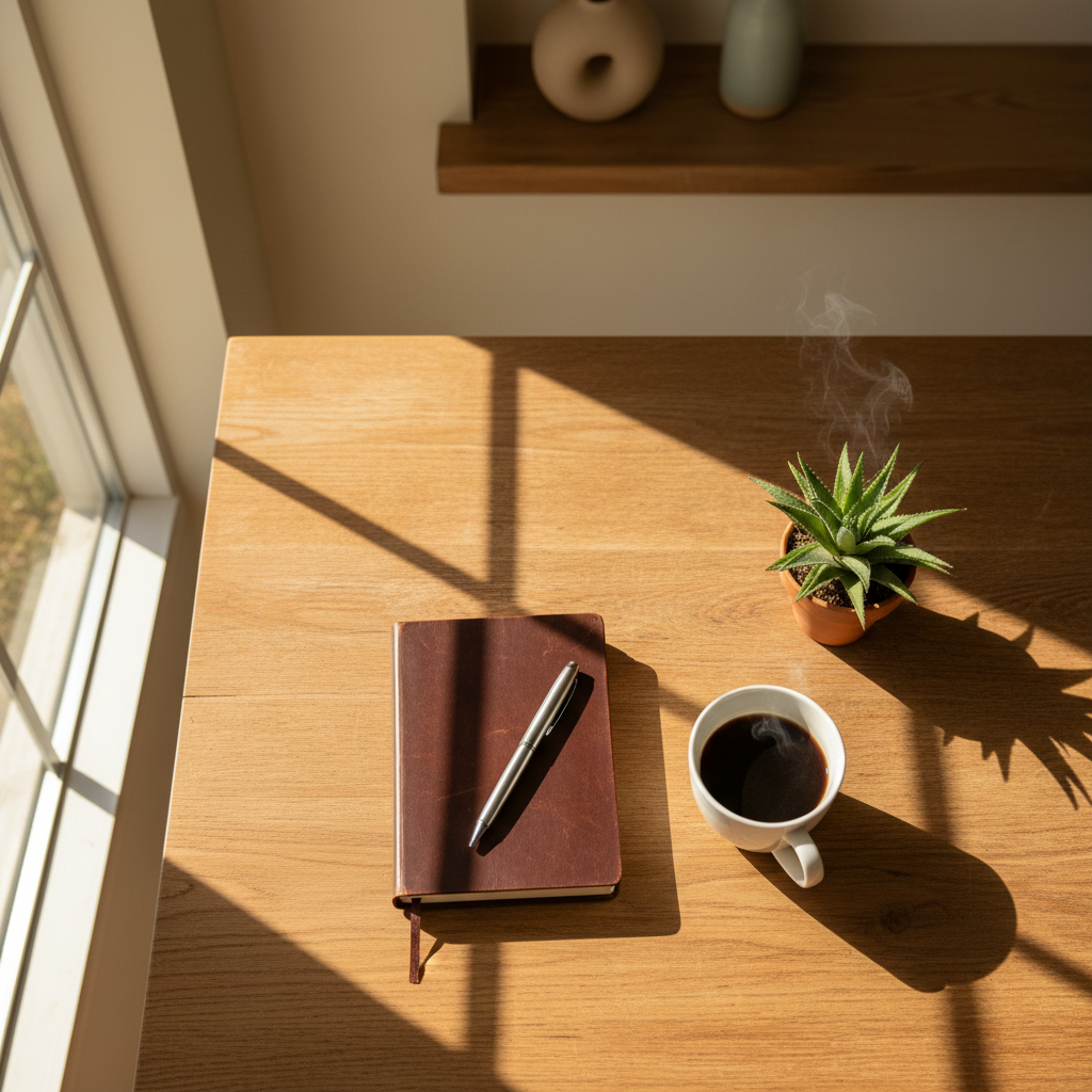 Business owner reviewing a printed project timeline at a sunlit cafe table with a closed notebook