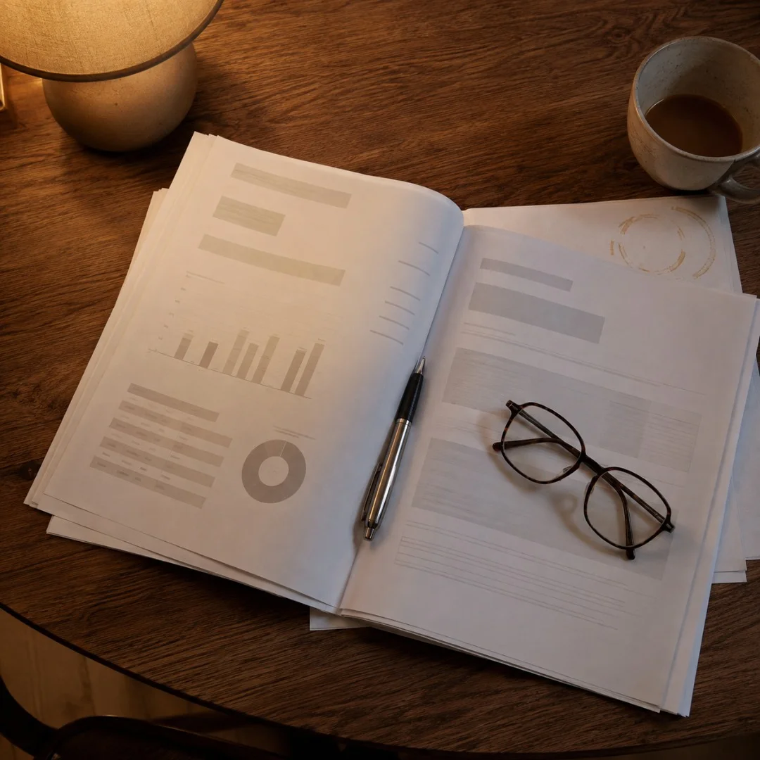 Printed monthly owner statement and a coffee cup on a kitchen table under warm lamp light