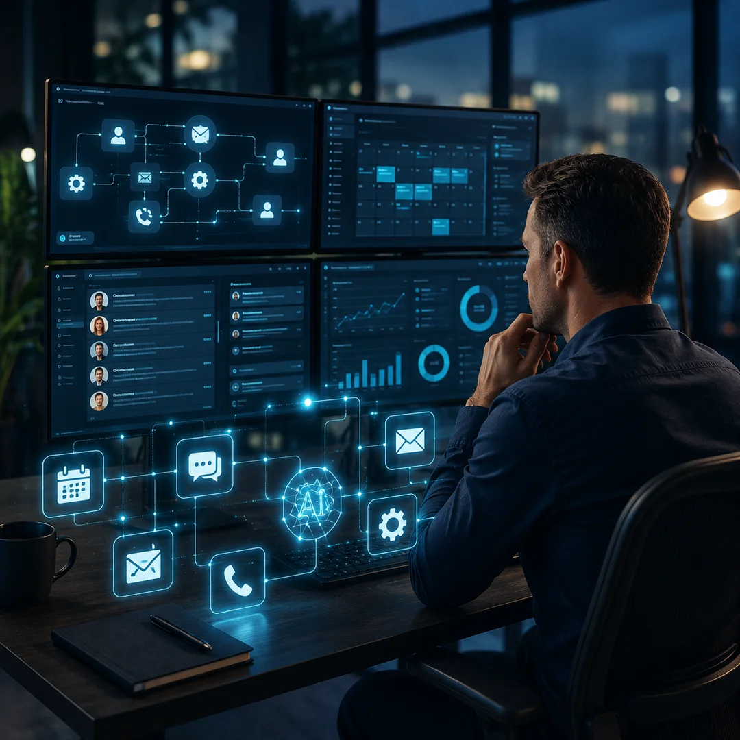 Agency strategist at a dusk-lit desk reviewing AI lead routing and client onboarding workflow overlays on floating screens.