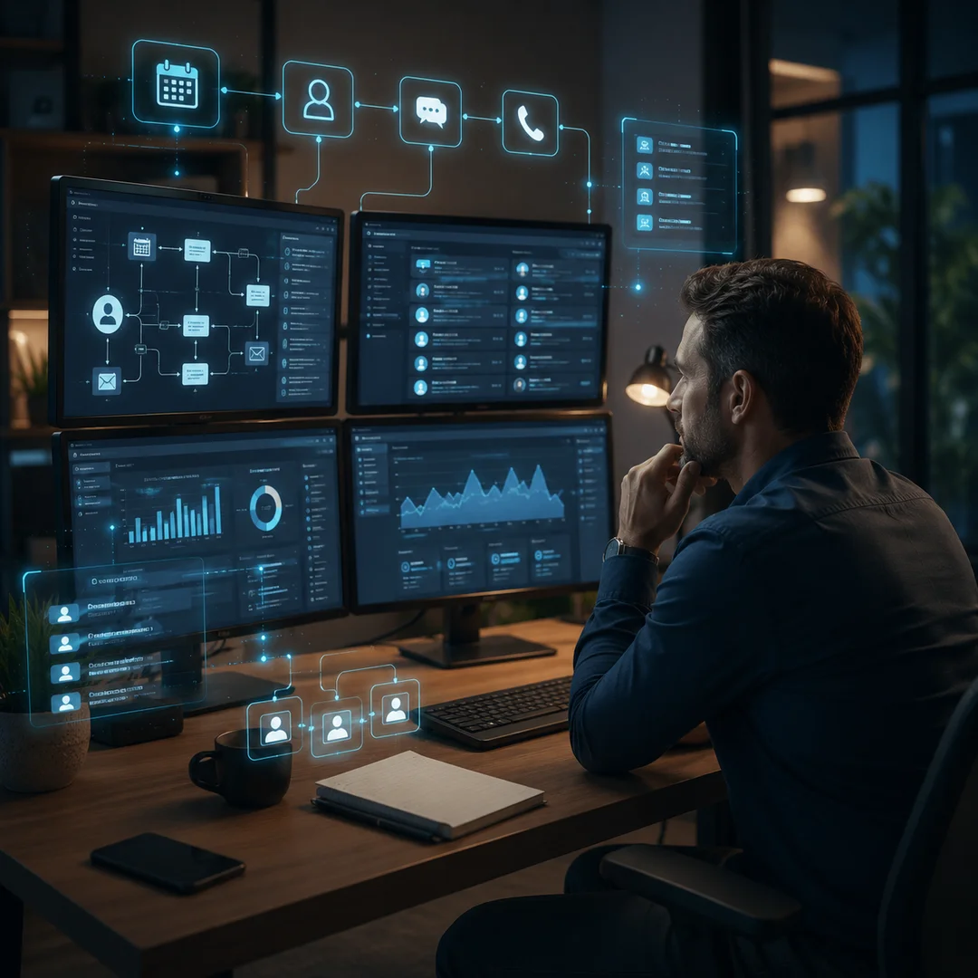 Small business owner reviewing AI workflow automation dashboards inside a modern office environment